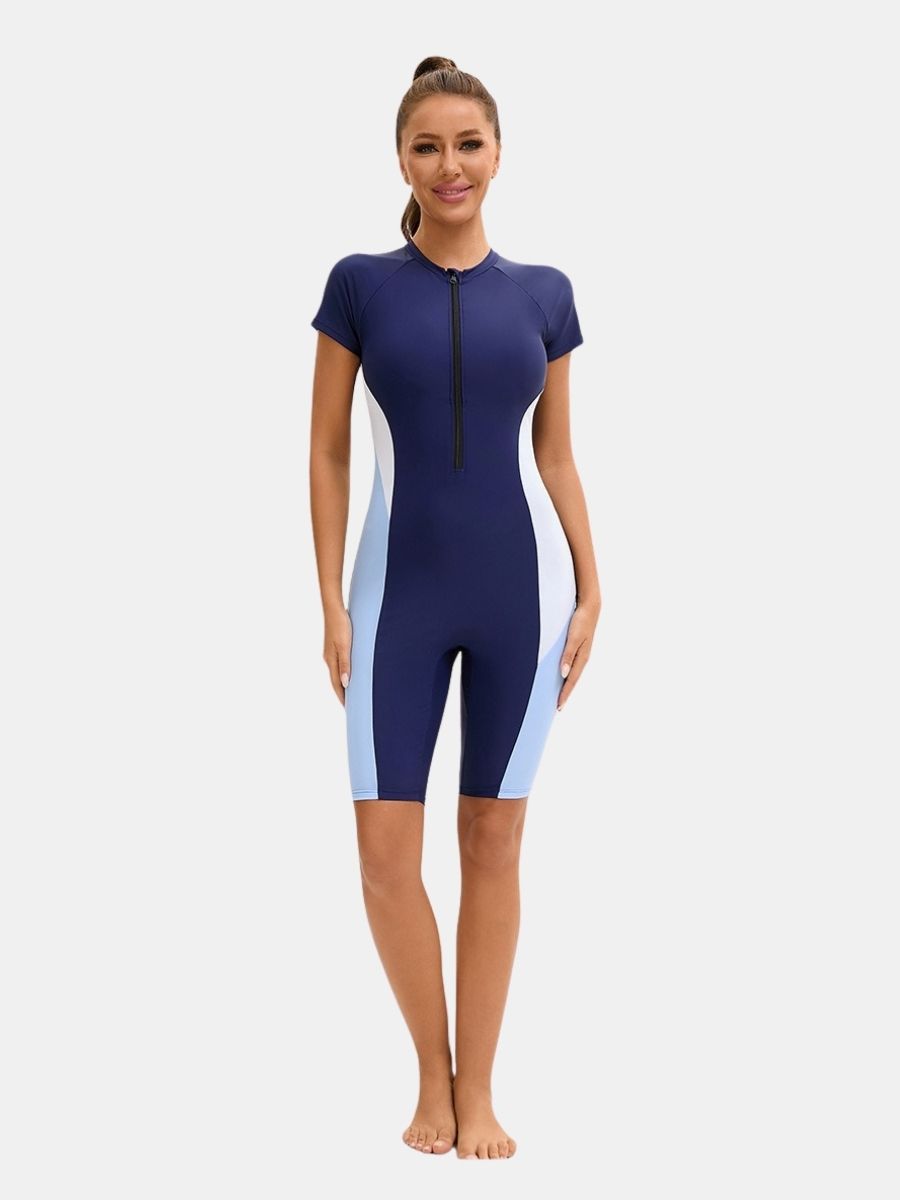 Front Zip Short Sleeve Boyleg Sufing Athletic Jumpsuit Women One-piece Sports Swimsuit