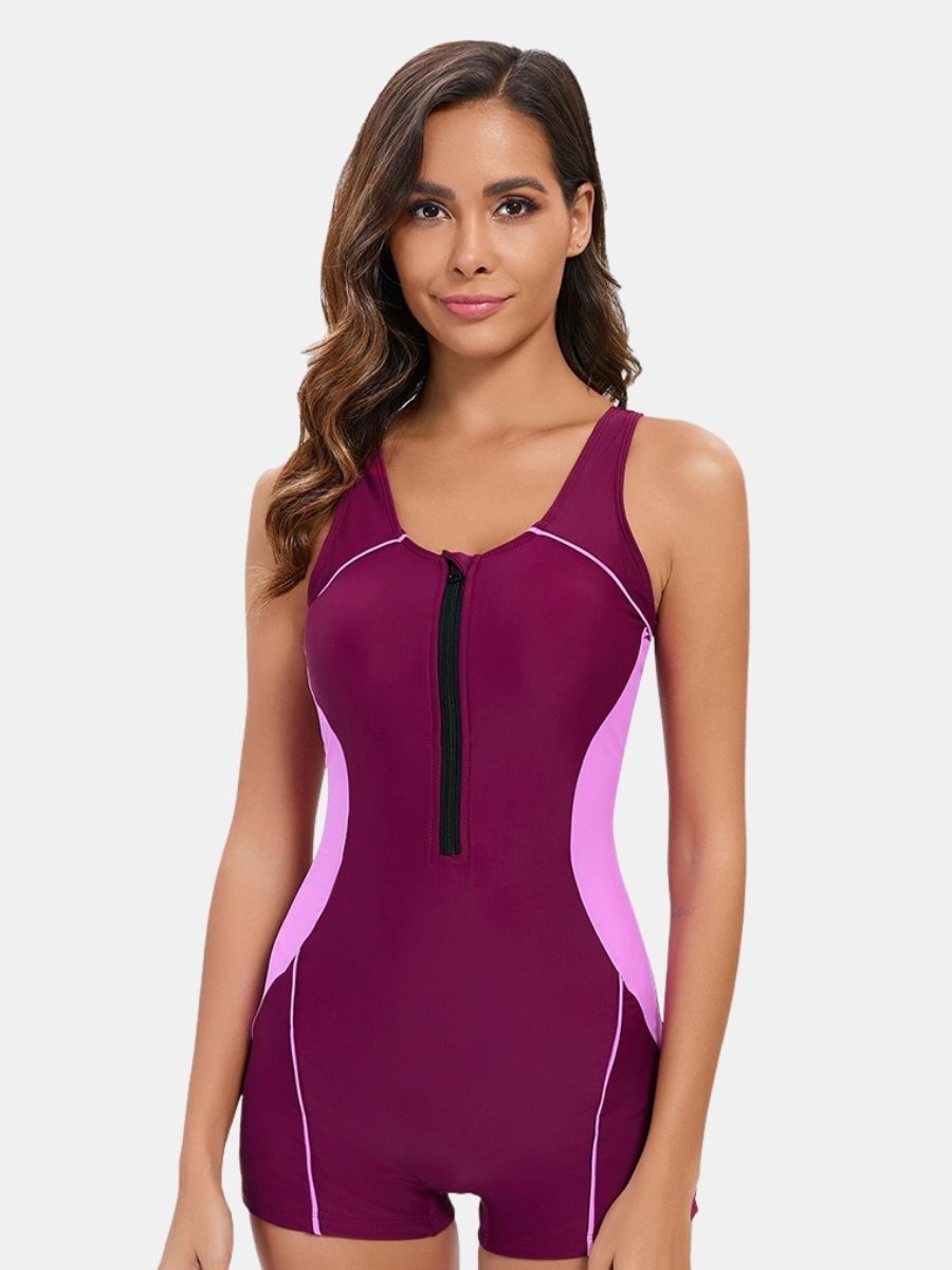 Front Zip Boyleg Open Back Athletic Women One-piece Sports Swimsuit