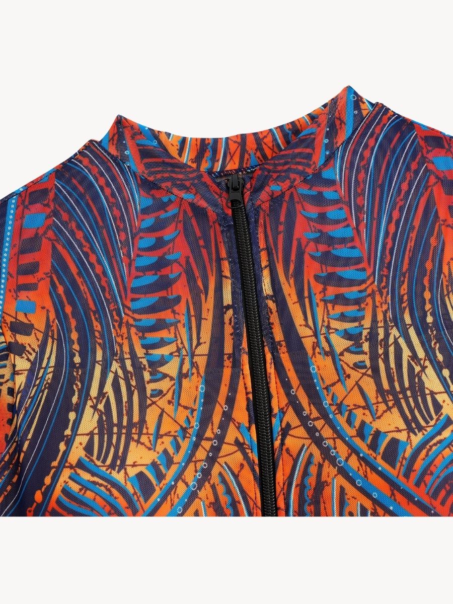 Boho Blue Front Zip Women Long Sleeve UPF50+ Rash Guard Swimsuit