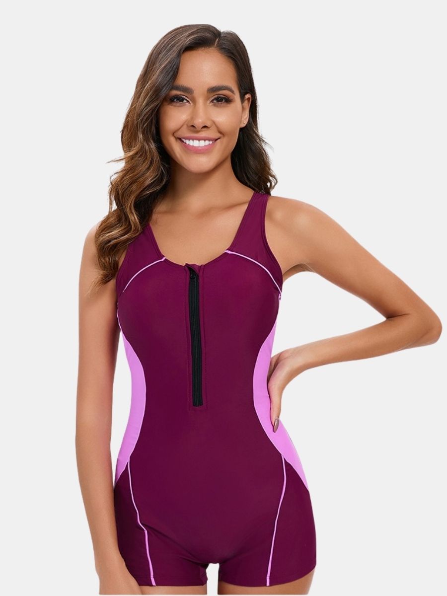 Front Zip Boyleg Open Back Athletic Women One-piece Sports Swimsuit