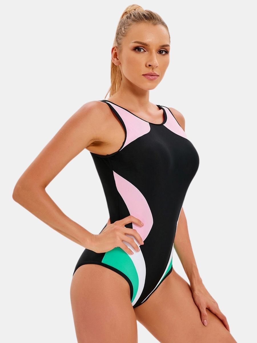 Colorblock Backless Women Athletic One-piece Sports Swimsuit