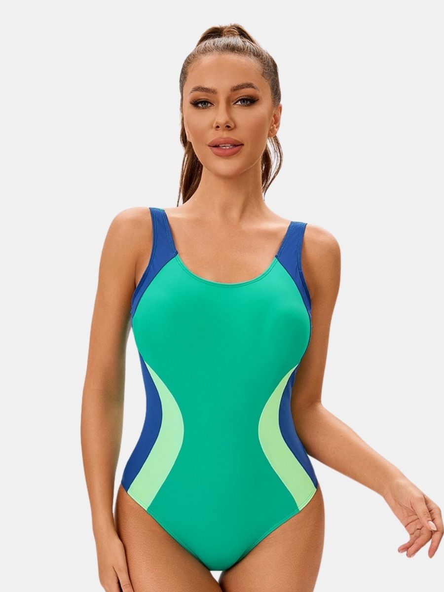 Colorblock Women Athletic One-piece Sports Swimwear