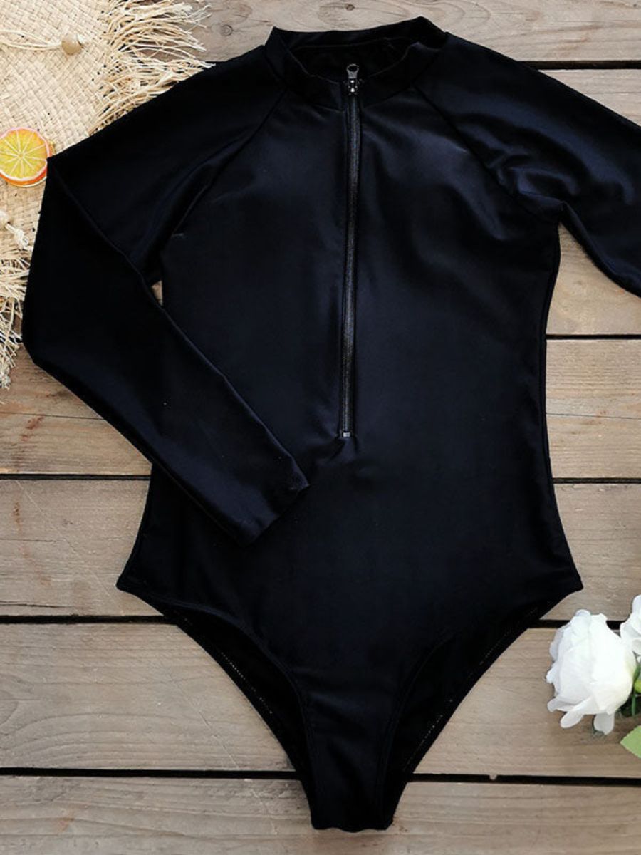 Black Plain Front Zip Long Sleeve UPF50+ Rash Guard