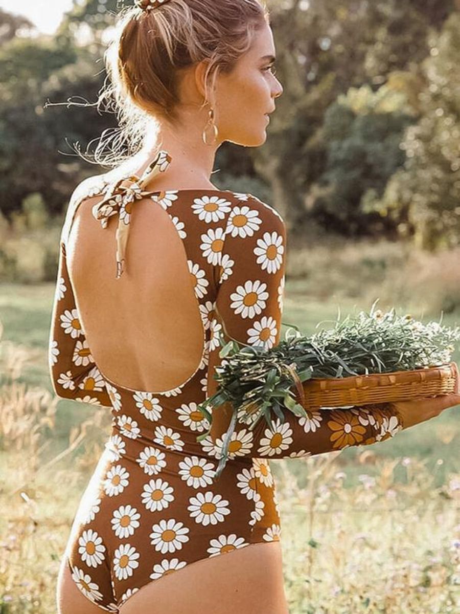 Brown Daisy Floral Cut Out Long Sleeve UPF50+ Rash Guard