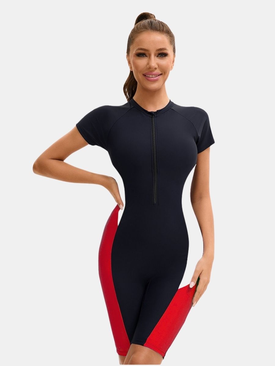 Front Zip Short Sleeve Boyleg Sufing Athletic Jumpsuit Women One-piece Sports Swimsuit