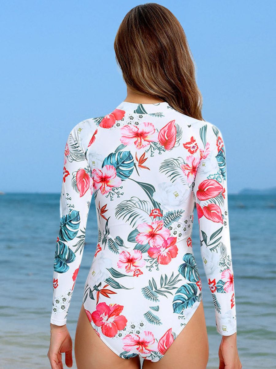 Tropical Rainforest Print White Long Sleeve One-Piece Swimsuit UPF50+ Rash Guard