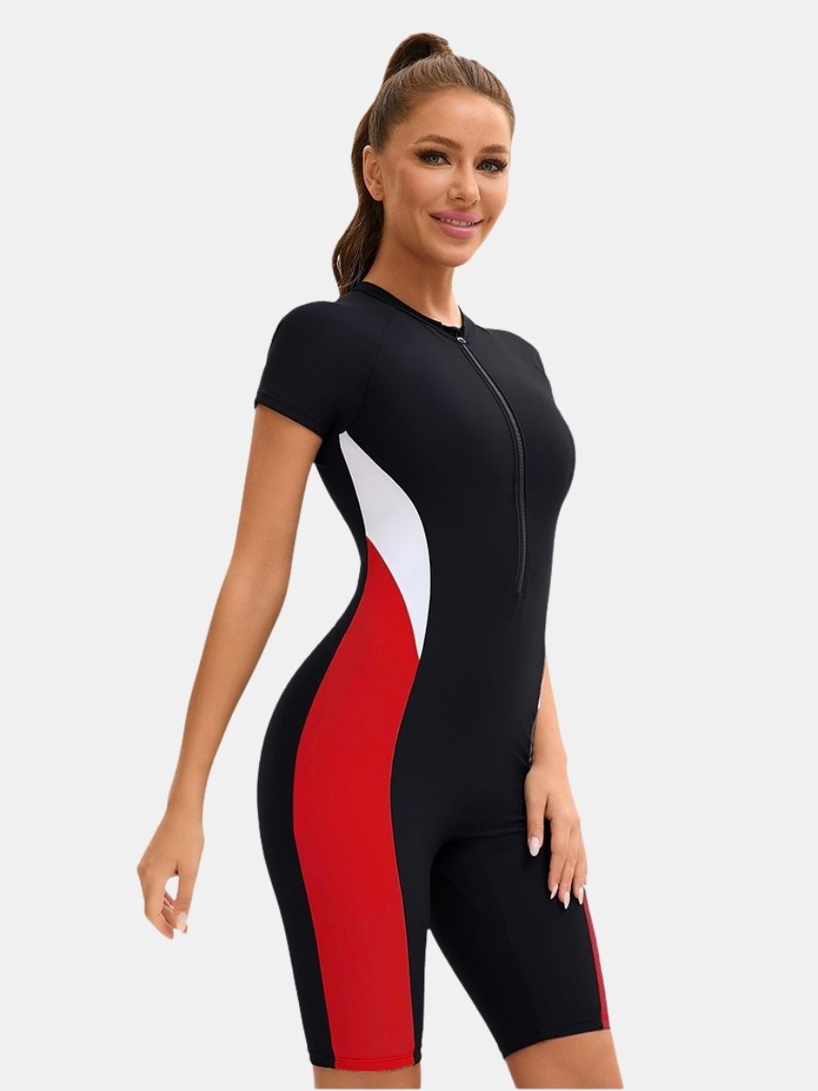Front Zip Short Sleeve Boyleg Sufing Athletic Jumpsuit Women One-piece Sports Swimsuit
