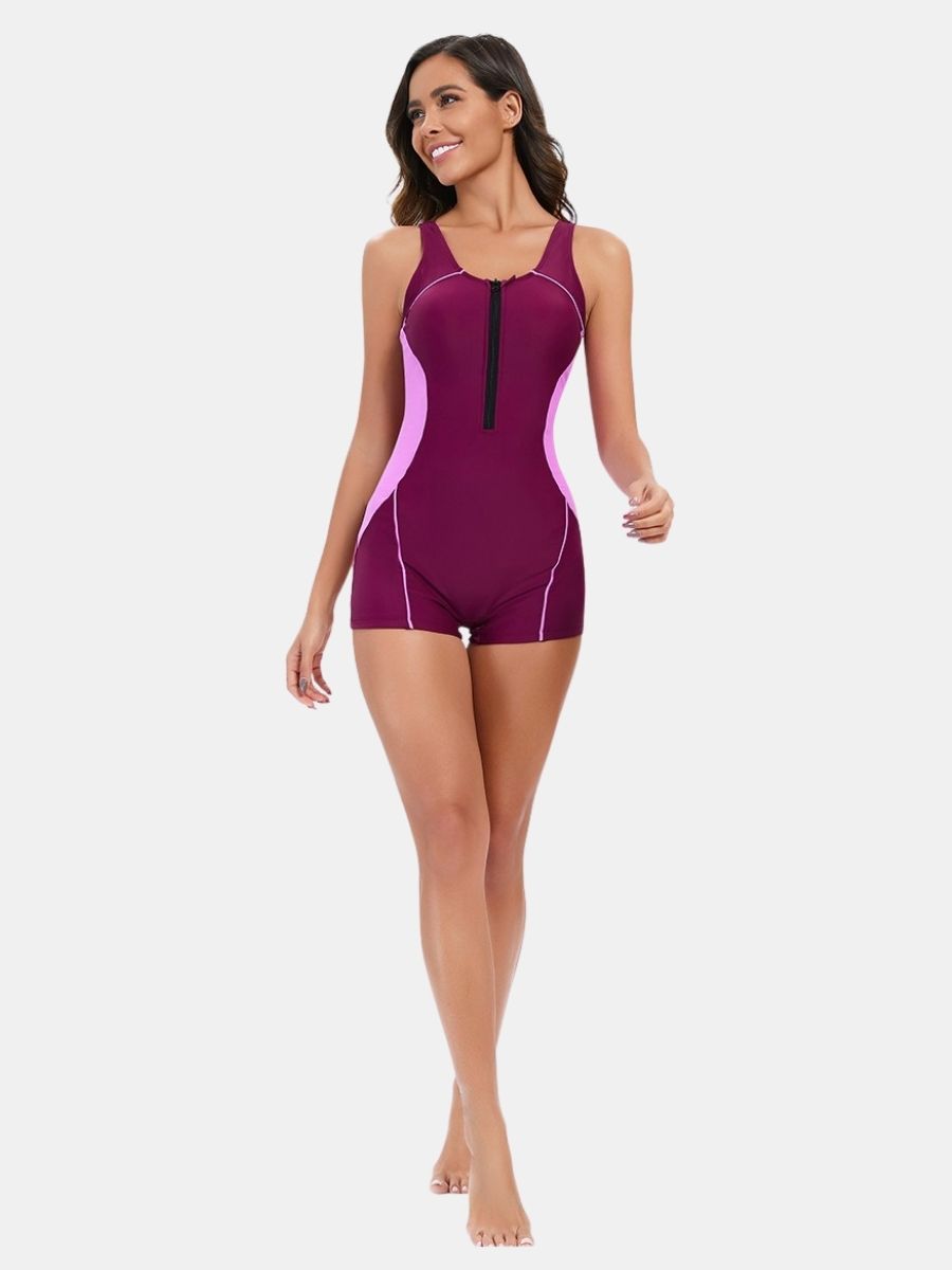 Front Zip Boyleg Open Back Athletic Women One-piece Sports Swimsuit