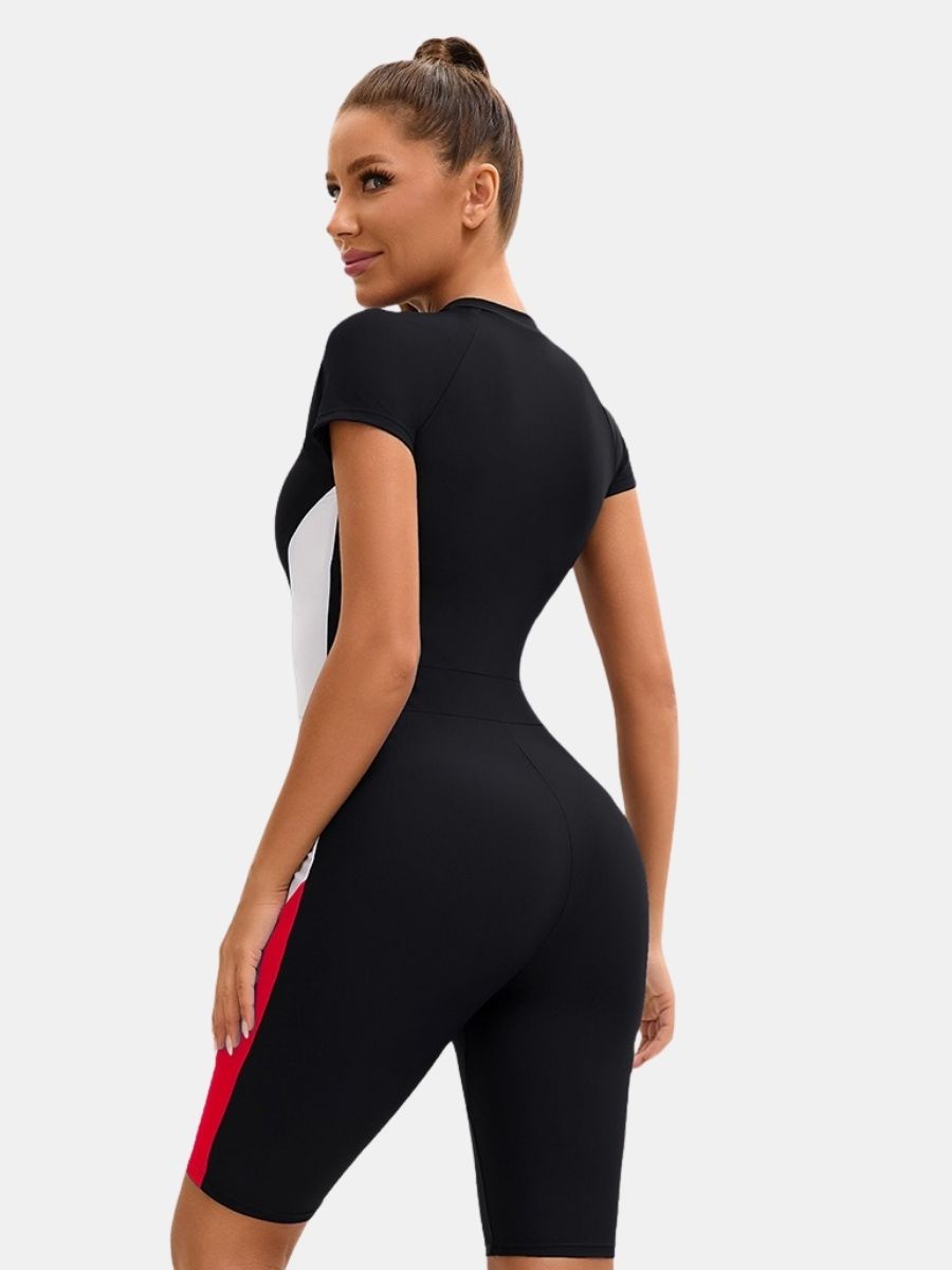 Front Zip Short Sleeve Boyleg Sufing Athletic Jumpsuit Women One-piece Sports Swimsuit