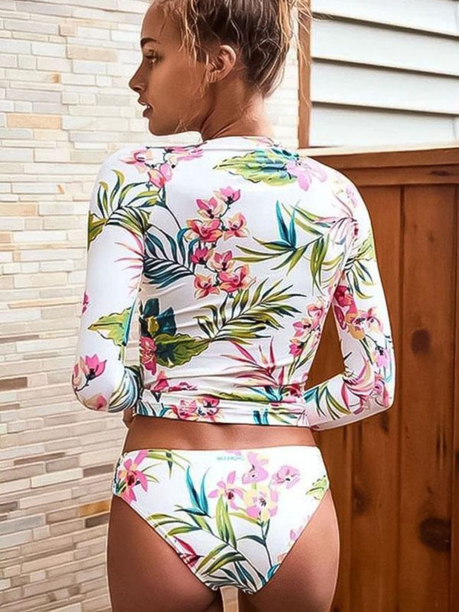 Floral Print Split Pullover Long Sleeve UPF50+ Rash Guard