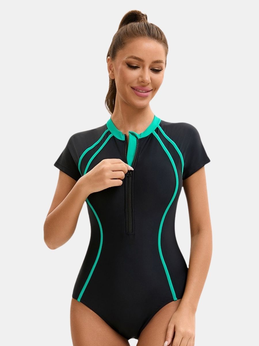 Short Sleeve Front Zip Surfing Athletic Women One-piece Sports Swimsuit