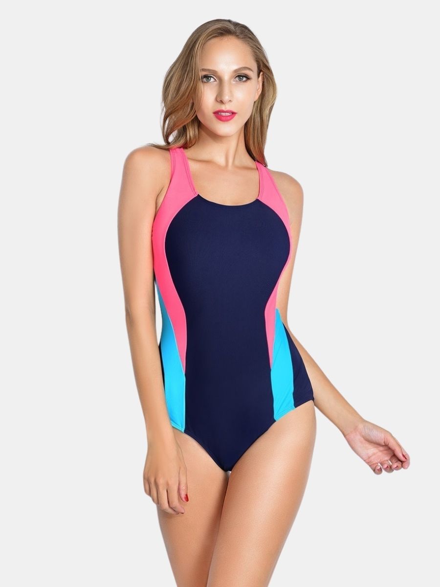Colorblock Open Back Athletic Women One-piece Sports Swimsuit