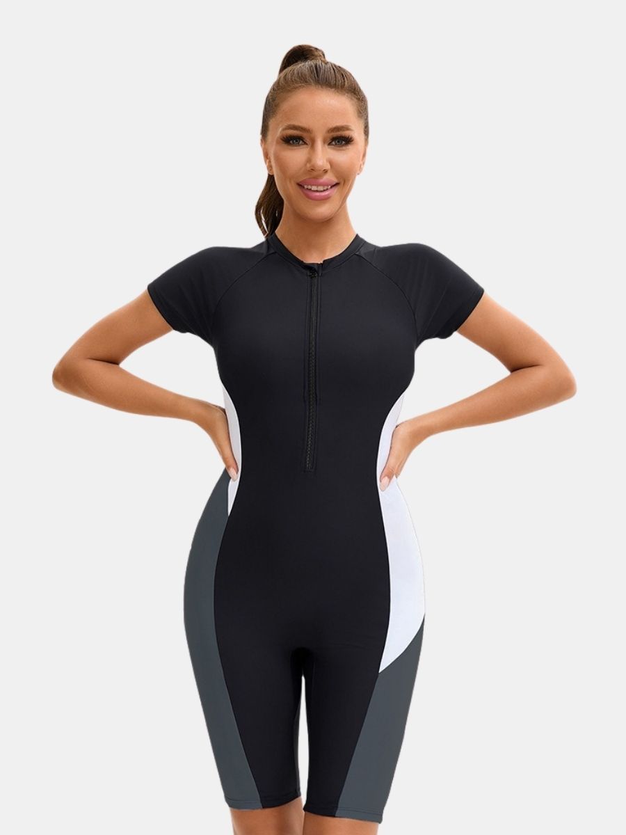 Front Zip Short Sleeve Boyleg Sufing Athletic Jumpsuit Women One-piece Sports Swimsuit