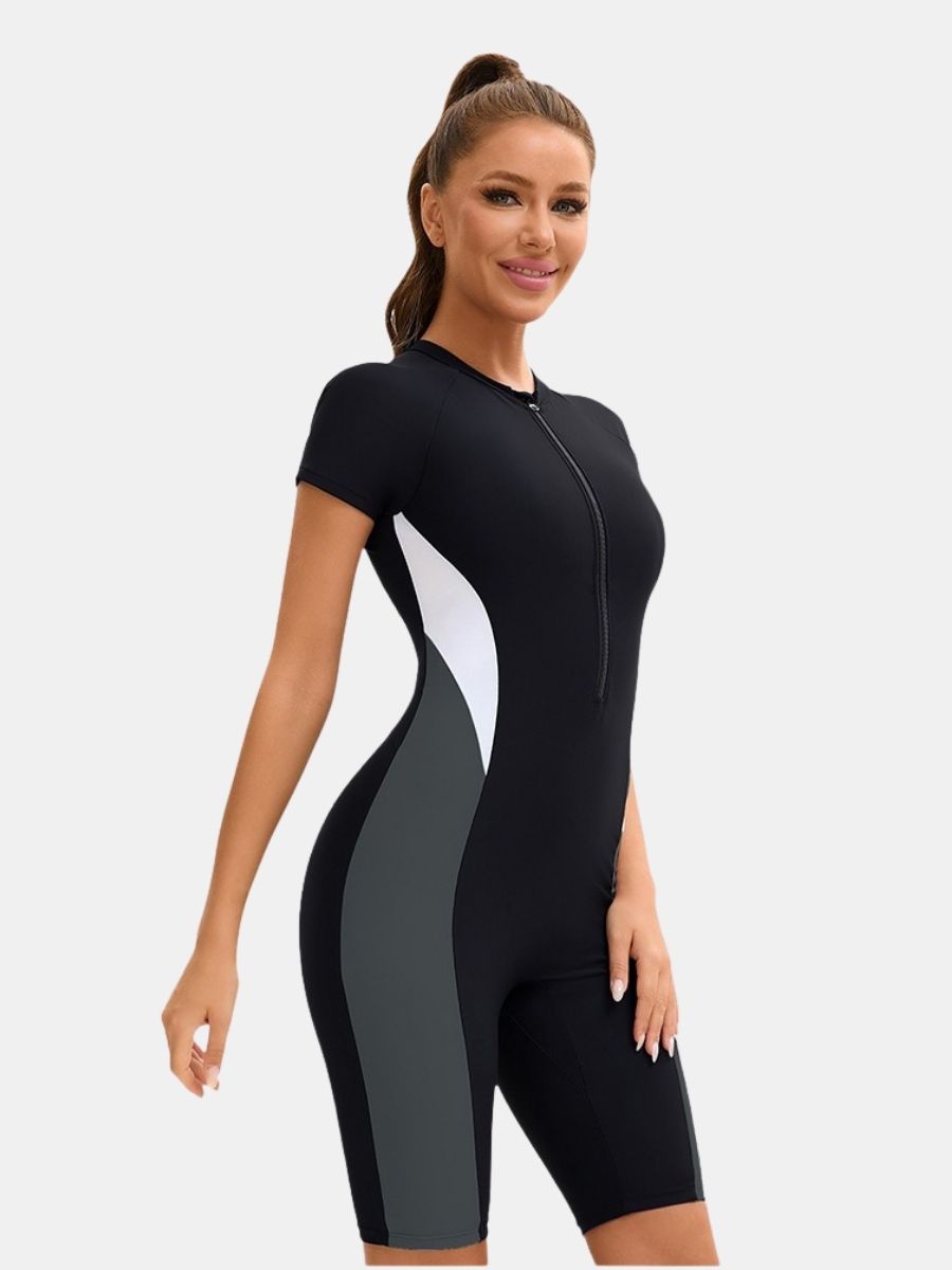Front Zip Short Sleeve Boyleg Sufing Athletic Jumpsuit Women One-piece Sports Swimsuit