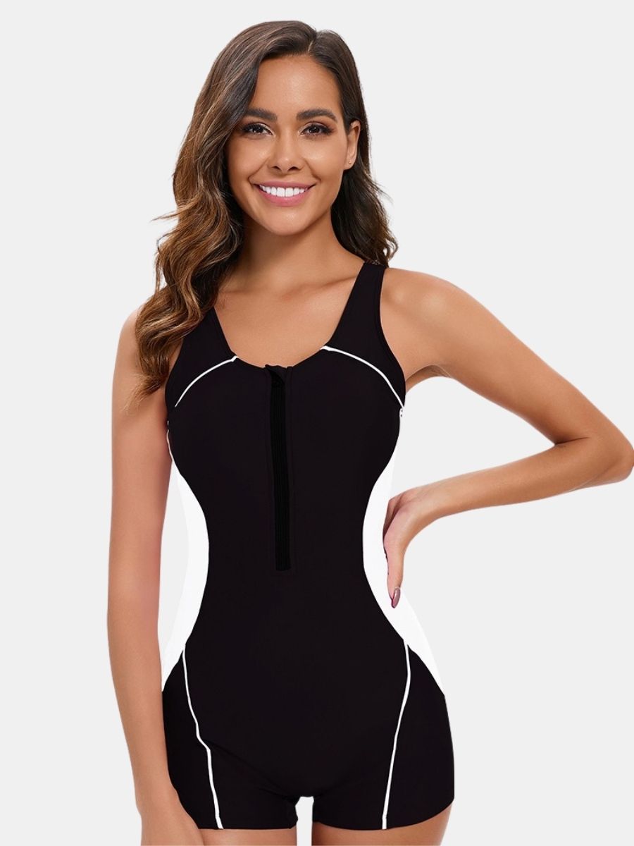 Front Zip Boyleg Open Back Athletic Women One-piece Sports Swimsuit
