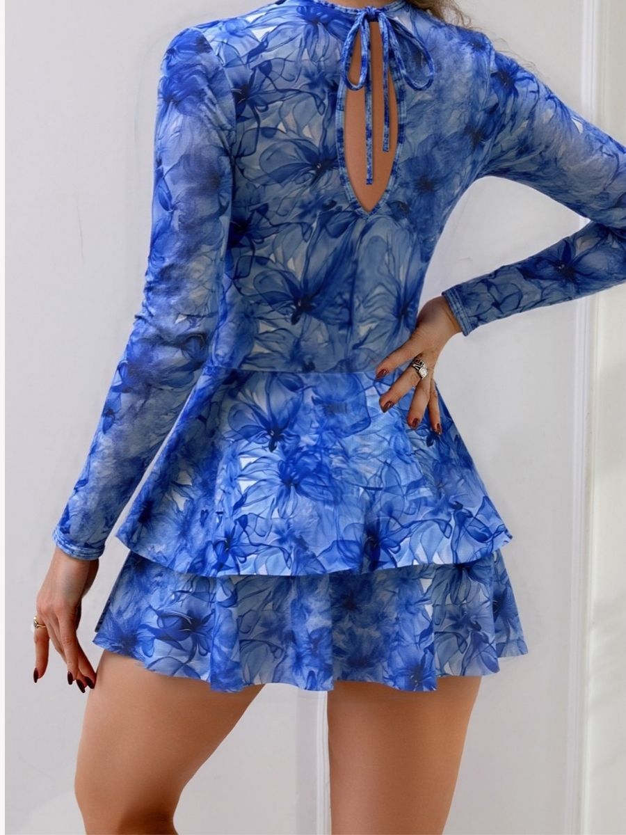 Back Tie String Blue Women Long Sleeve UPF50+ Rash Guard Swimsuit Wiht Skirt