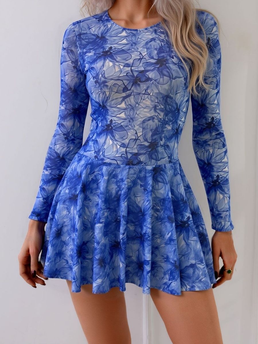 Back Tie String Blue Women Long Sleeve UPF50+ Rash Guard Swimsuit Wiht Skirt