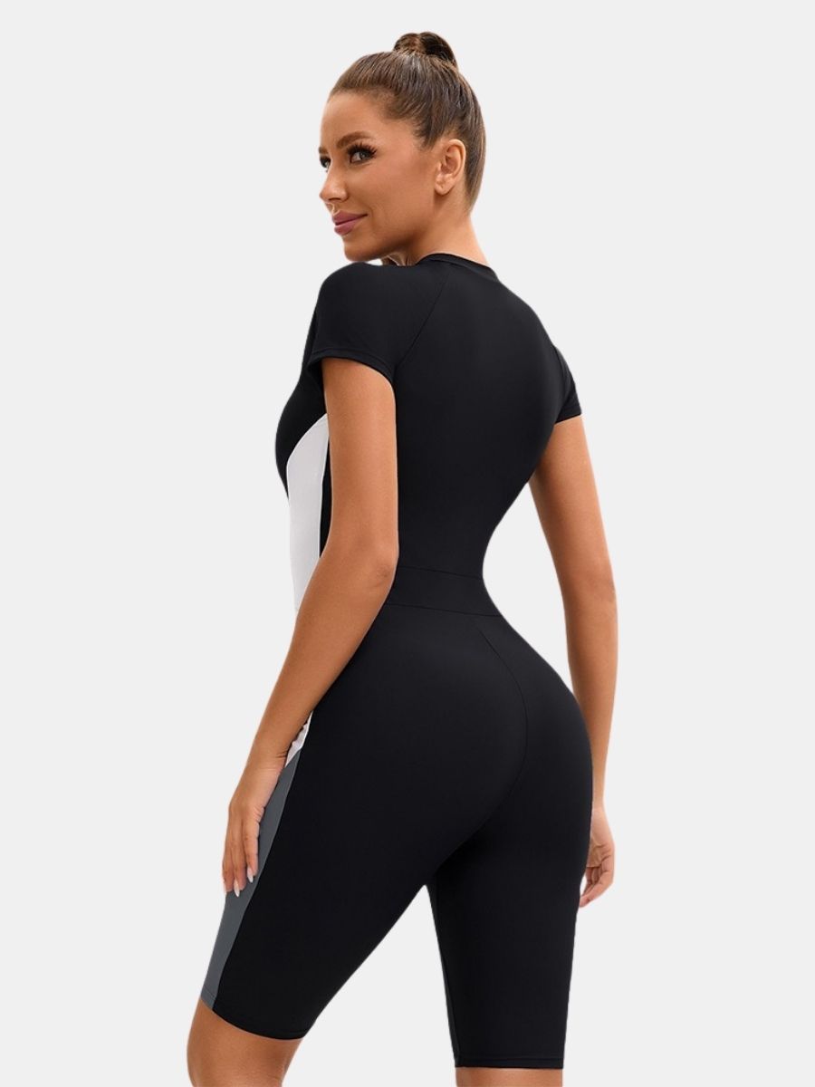 Front Zip Short Sleeve Boyleg Sufing Athletic Jumpsuit Women One-piece Sports Swimsuit