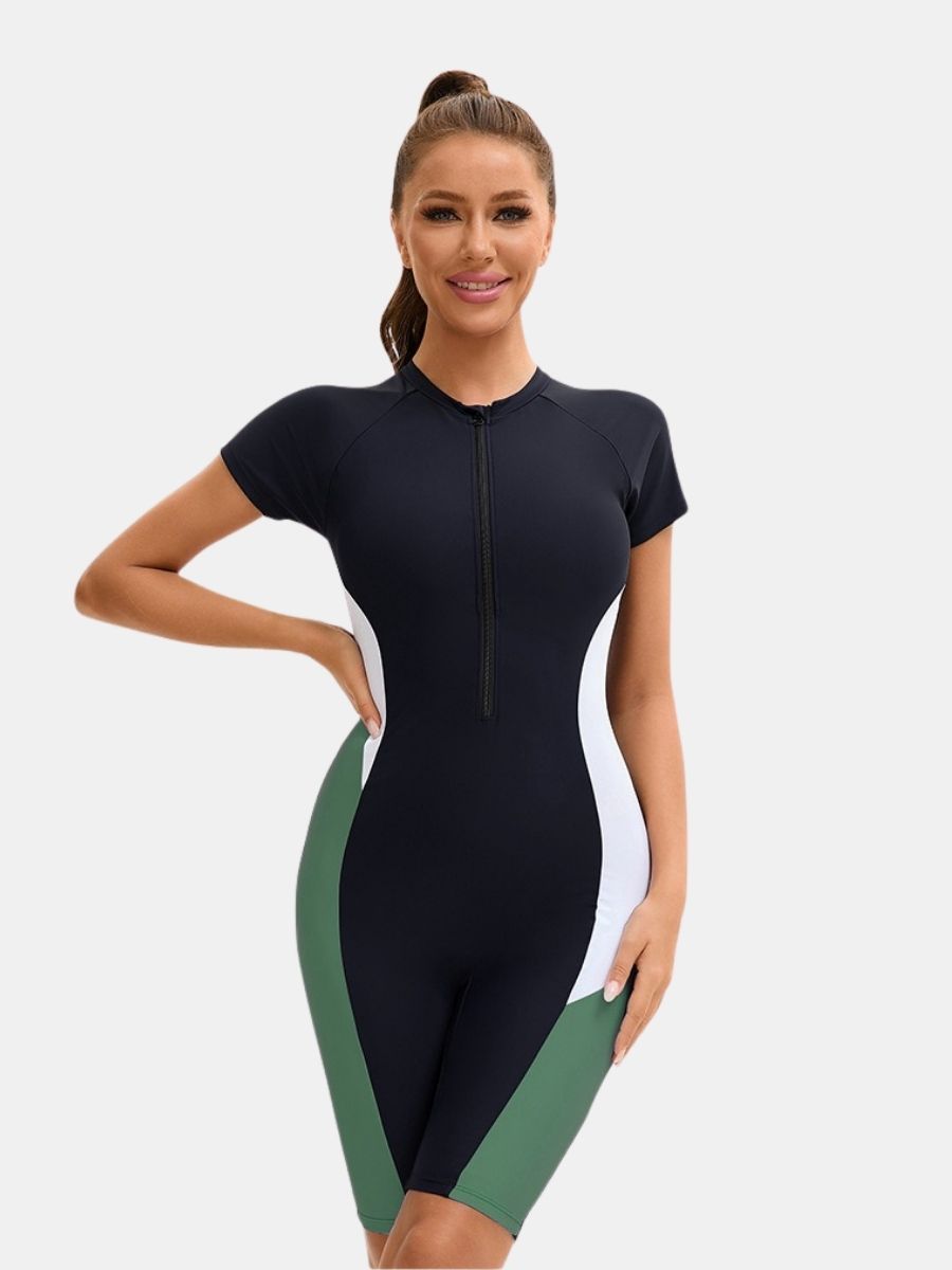 Front Zip Short Sleeve Boyleg Sufing Athletic Jumpsuit Women One-piece Sports Swimsuit
