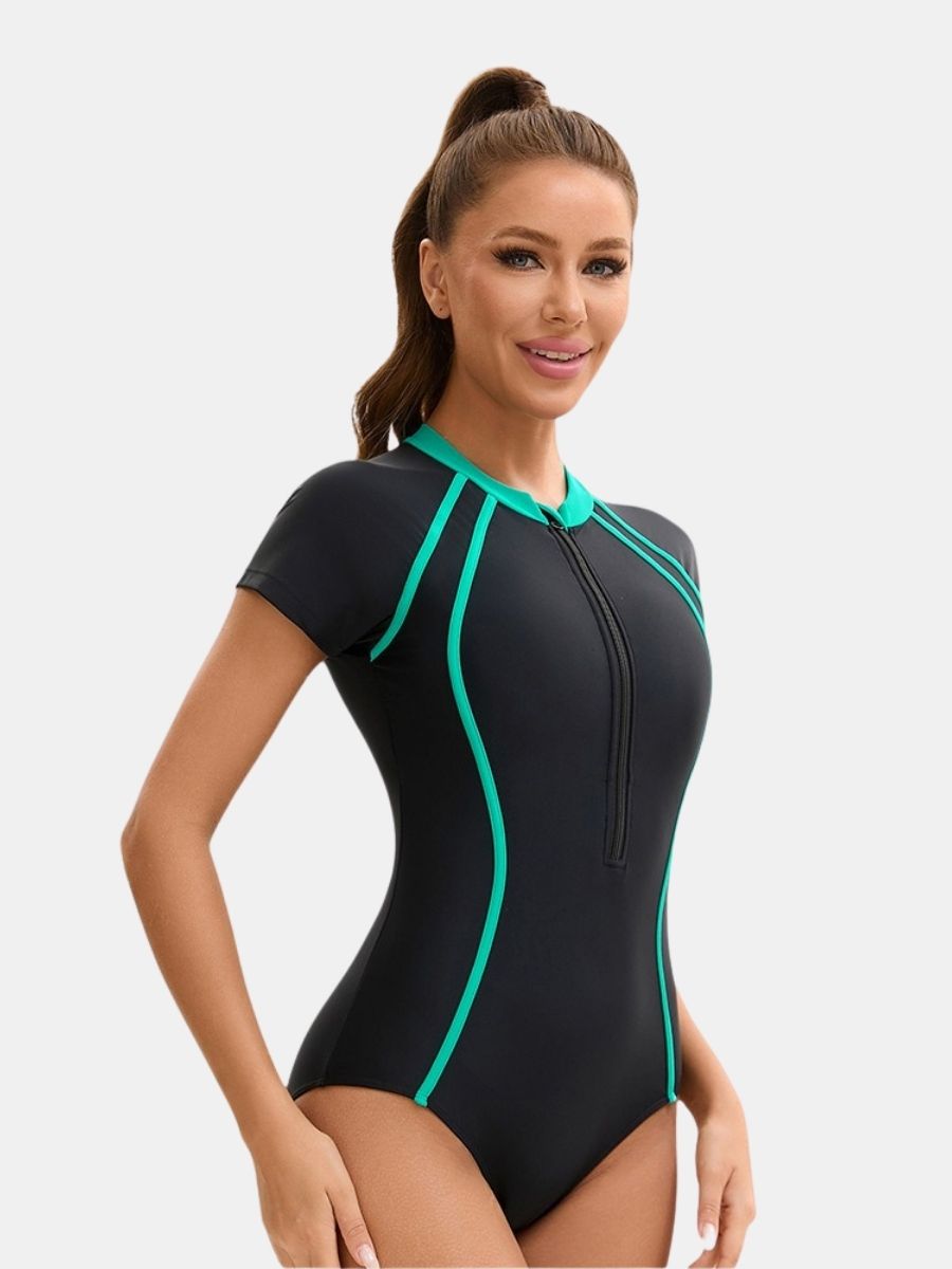 Short Sleeve Front Zip Surfing Athletic Women One-piece Sports Swimsuit