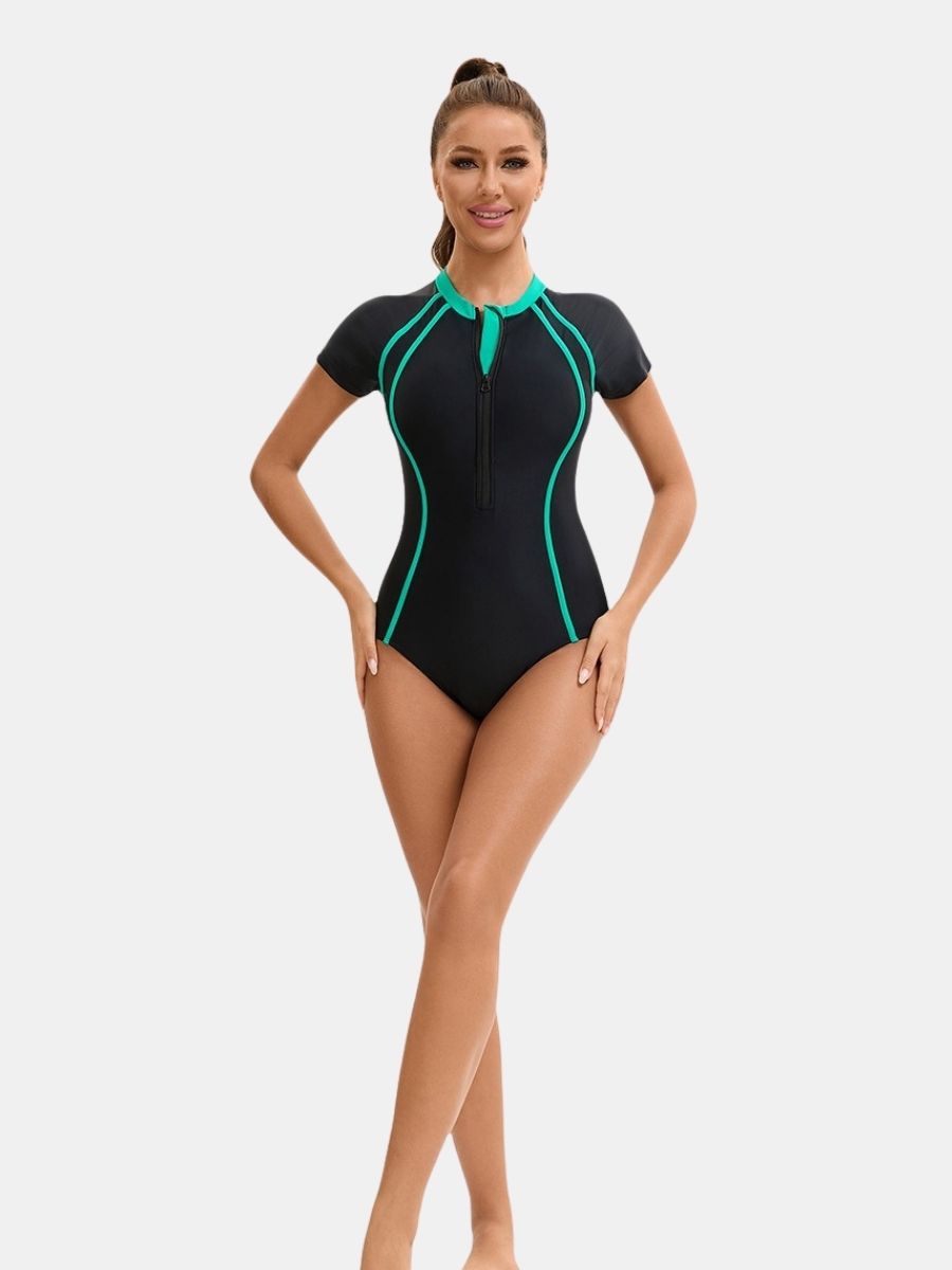 Short Sleeve Front Zip Surfing Athletic Women One-piece Sports Swimsuit