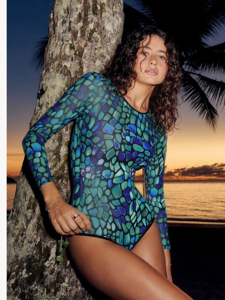 Green Quartz Back Tie String Women Long Sleeve UPF50+ Rash Guard Swimsuit