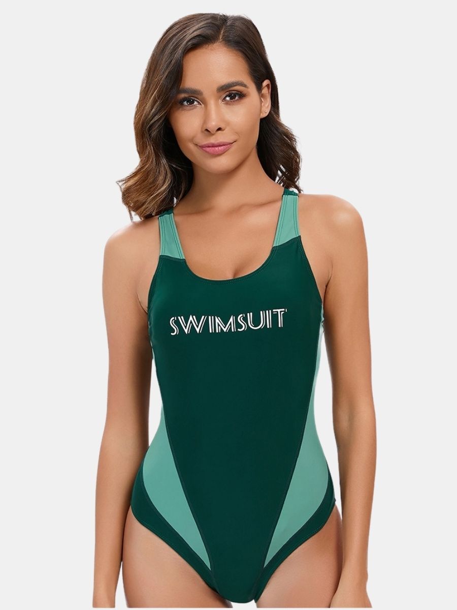 Open Back Colorblock Athletic One-piece Women Sports Swimsuit