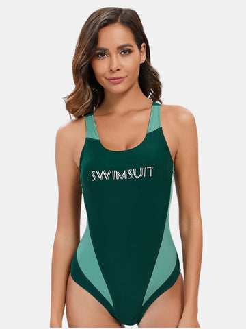 Open Back Colorblock Athletic One-piece Women Sports Swimsuit