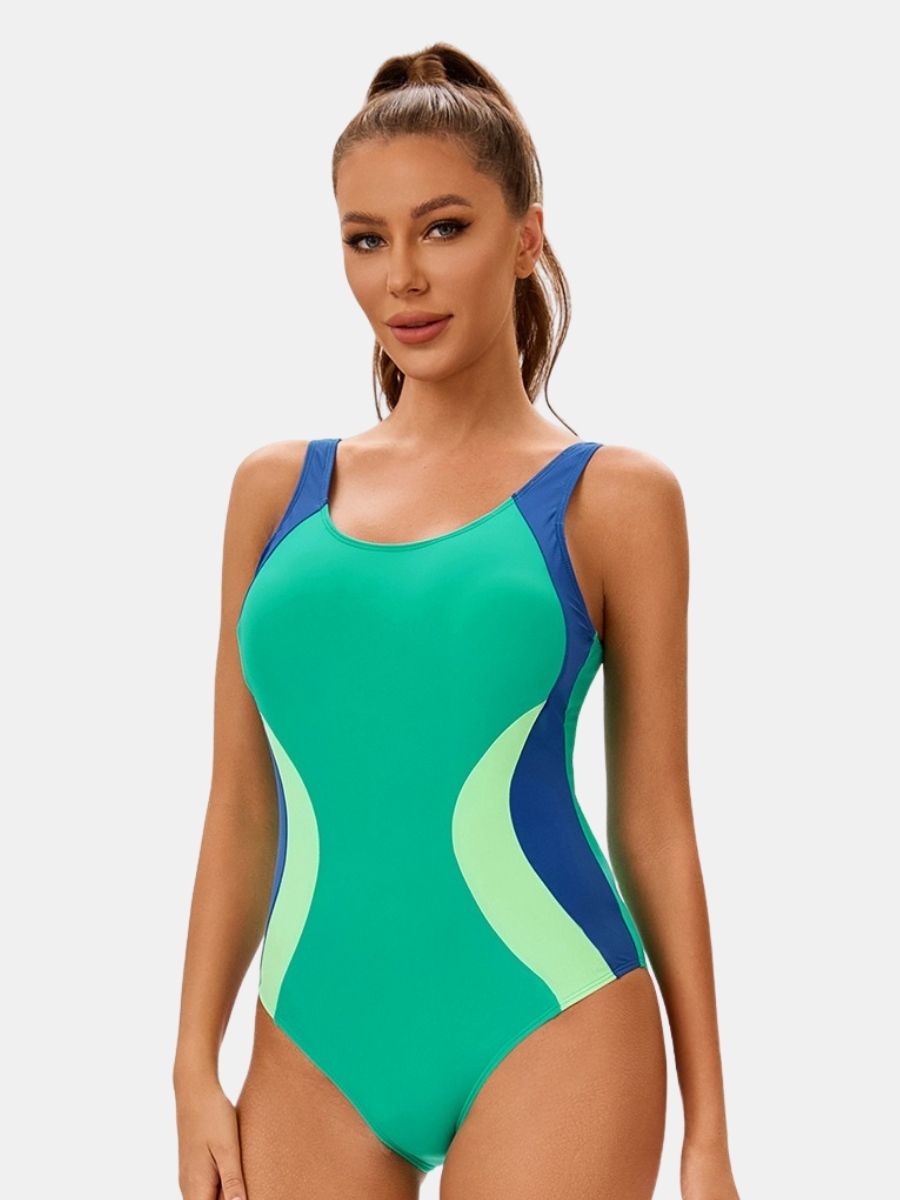 Colorblock Women Athletic One-piece Sports Swimwear