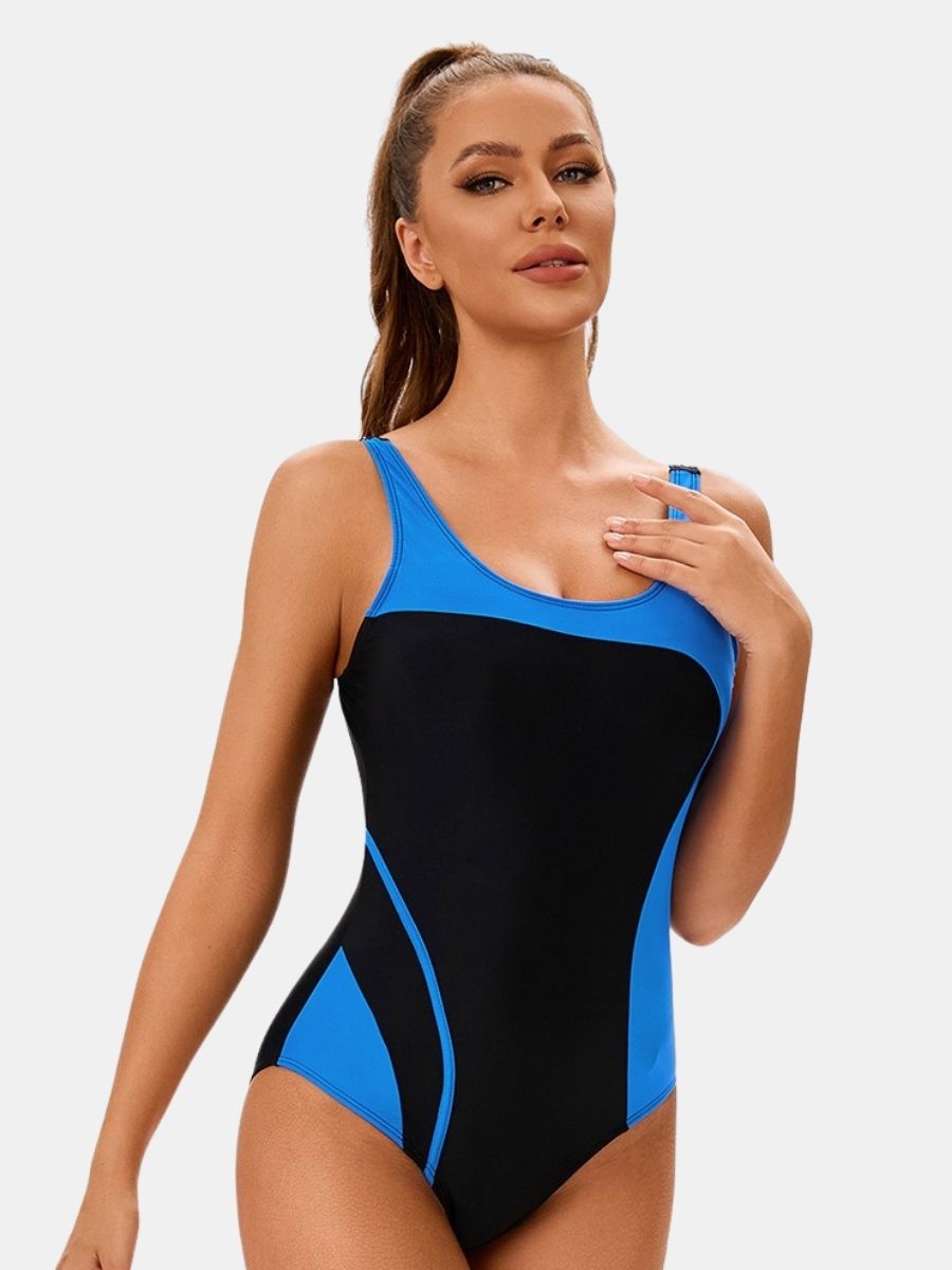 Colorblock Backless Athletic Women One-piece Sports Swimsuit