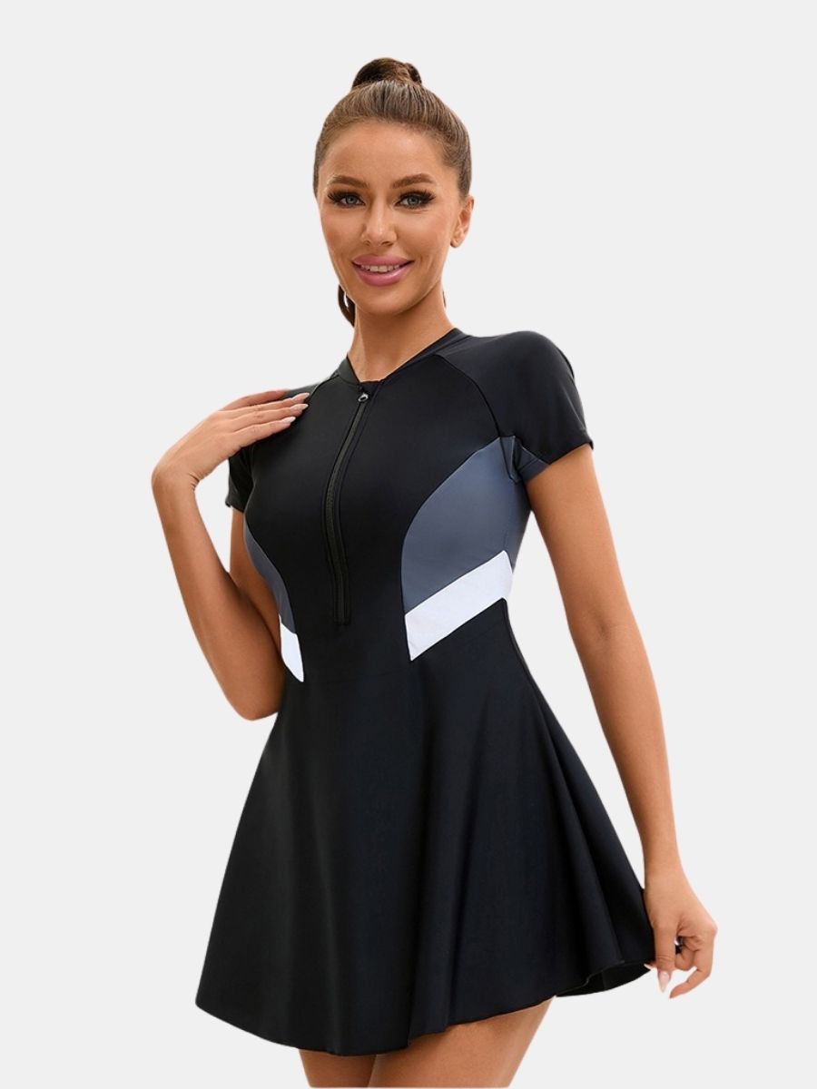 Short Sleeve Front Zip Athletic Women One-piece Sports Swimdress
