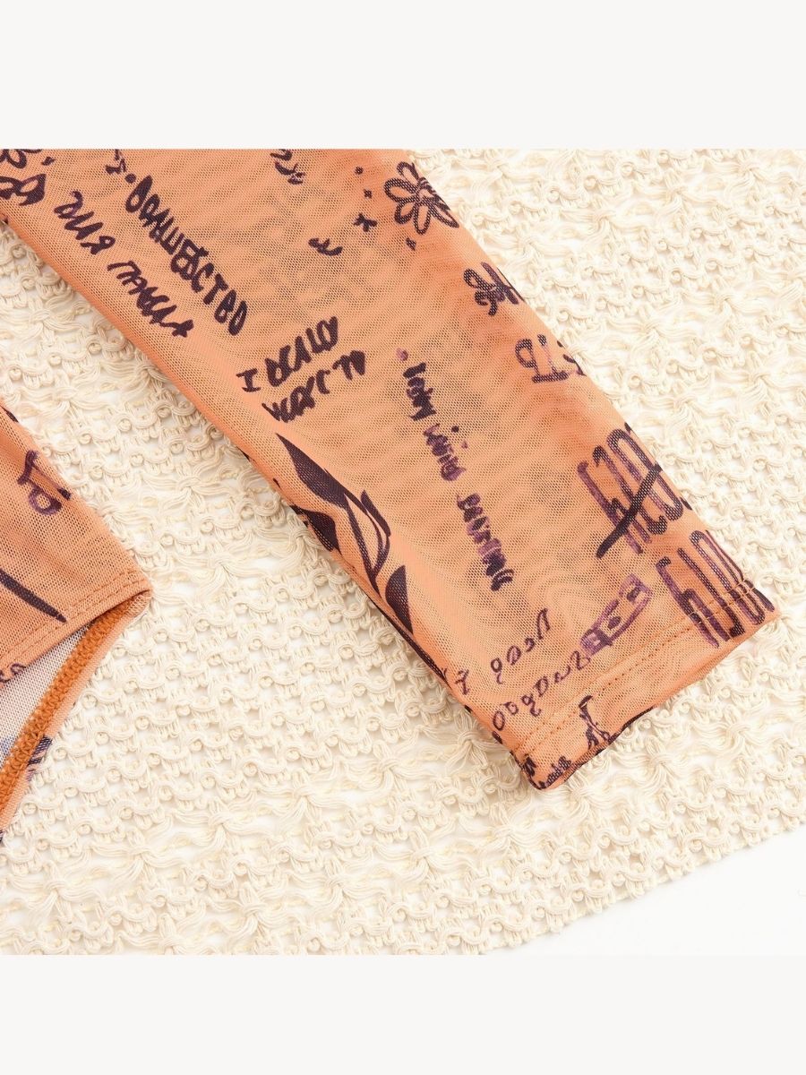 Gold Print UPF 50+ Front Zip Long Sleeve Women Rash Guard Swimsuit