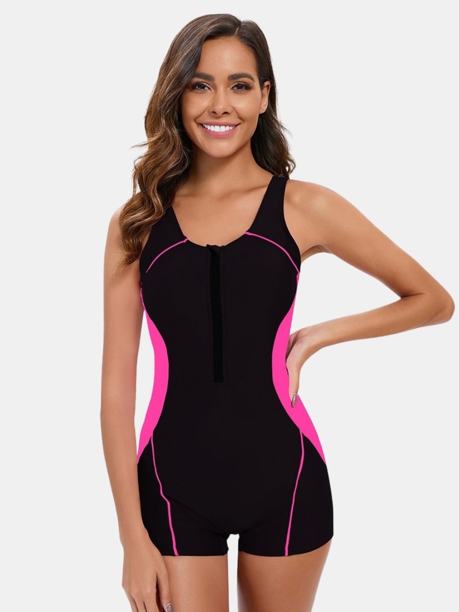 Front Zip Boyleg Open Back Athletic Women One-piece Sports Swimsuit