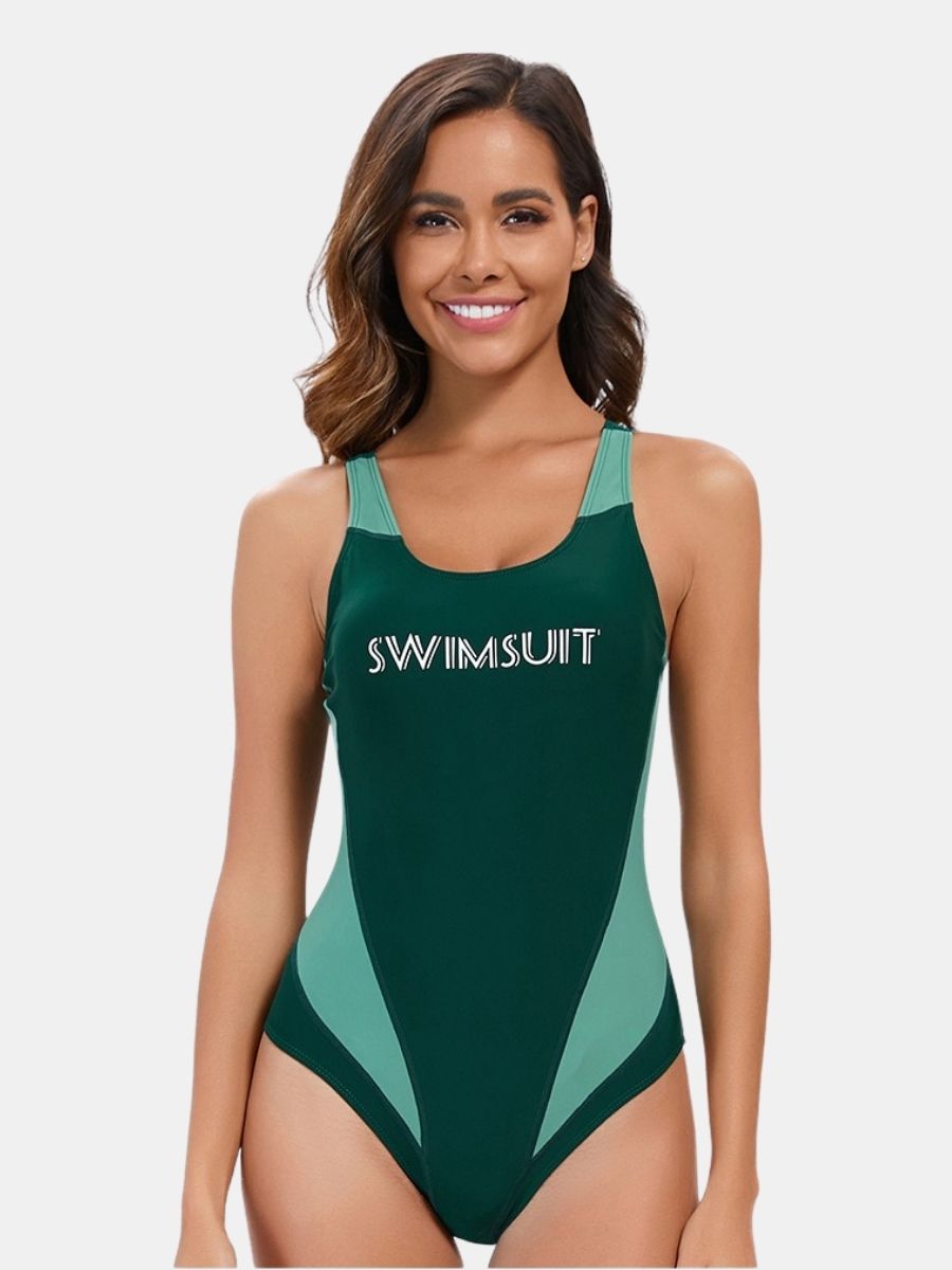 Open Back Colorblock Athletic One-piece Women Sports Swimsuit