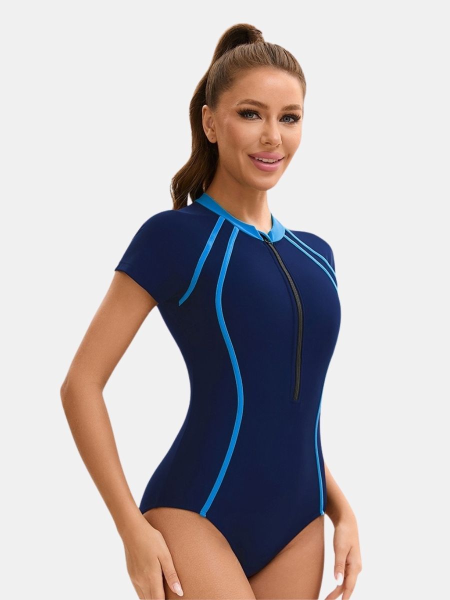 Short Sleeve Front Zip Surfing Athletic Women One-piece Sports Swimsuit