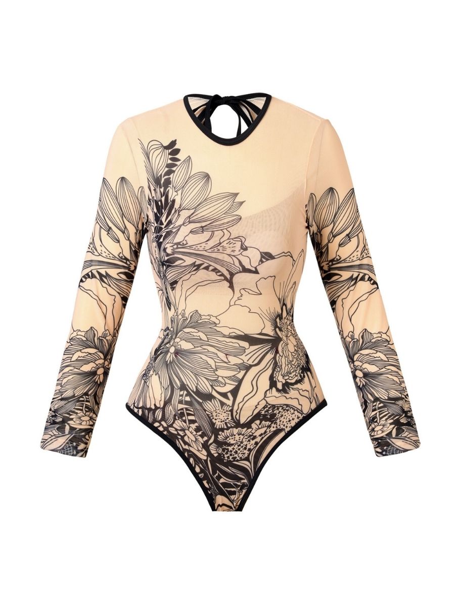 Ink-wash Lotus Flower Pattern Women Long Sleeve UPF50+ Rash Guard Swimsuit