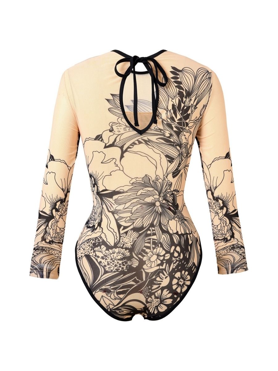 Ink-wash Lotus Flower Pattern Women Long Sleeve UPF50+ Rash Guard Swimsuit