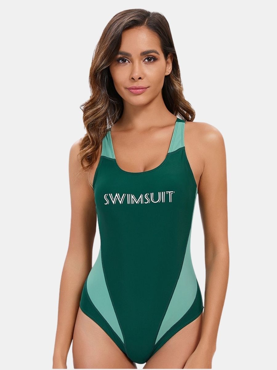 Open Back Colorblock Athletic One-piece Women Sports Swimsuit