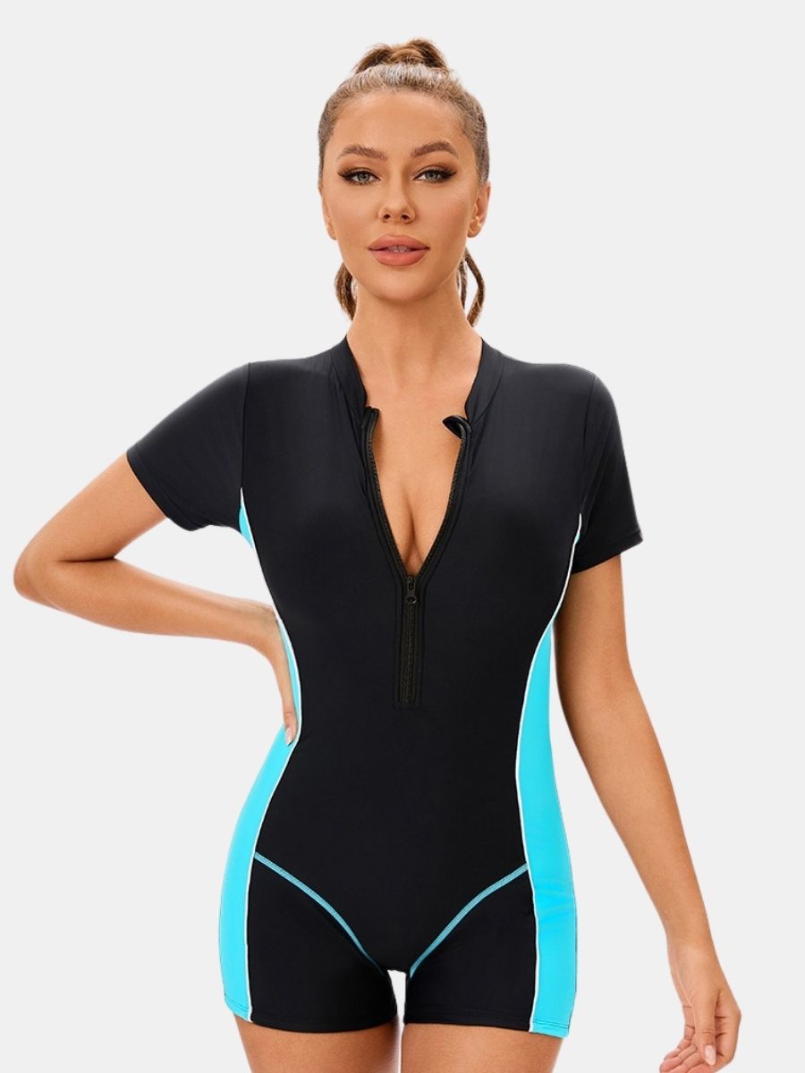 Colorblock Front Zip Boyleg Athletic Women One-piece Sports Swimsuit