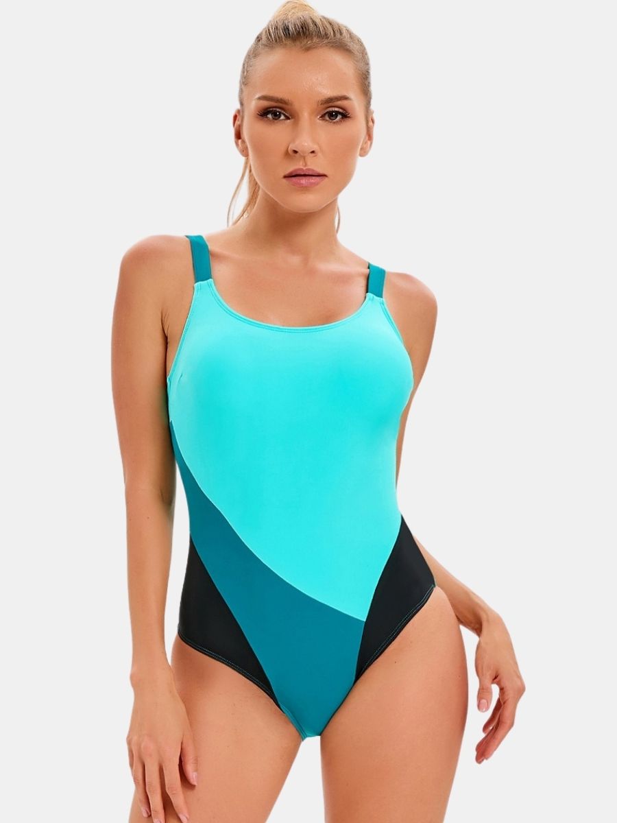 Adjustable Shoulder Strap Colorblock Women Athletic One-piece Sports Swimsuit