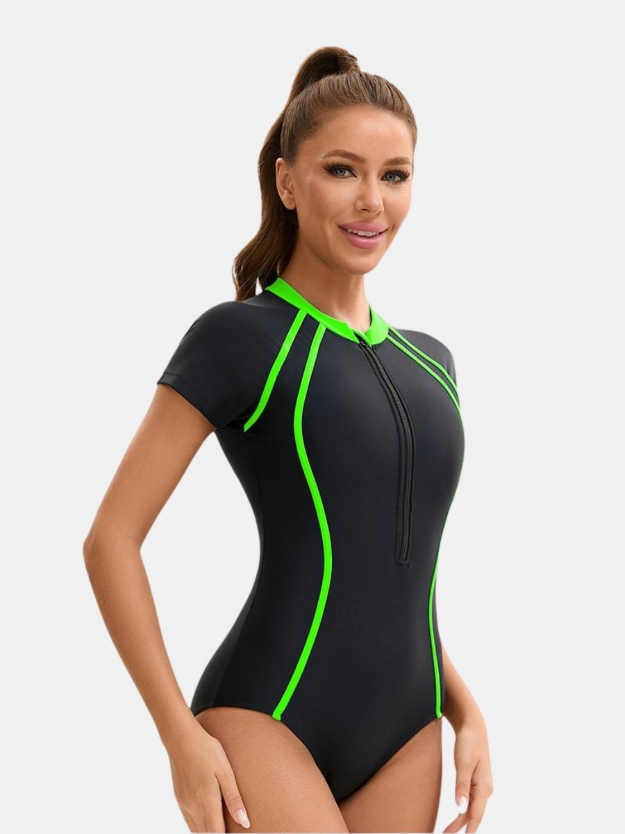 Short Sleeve Front Zip Surfing Athletic Women One-piece Sports Swimsuit