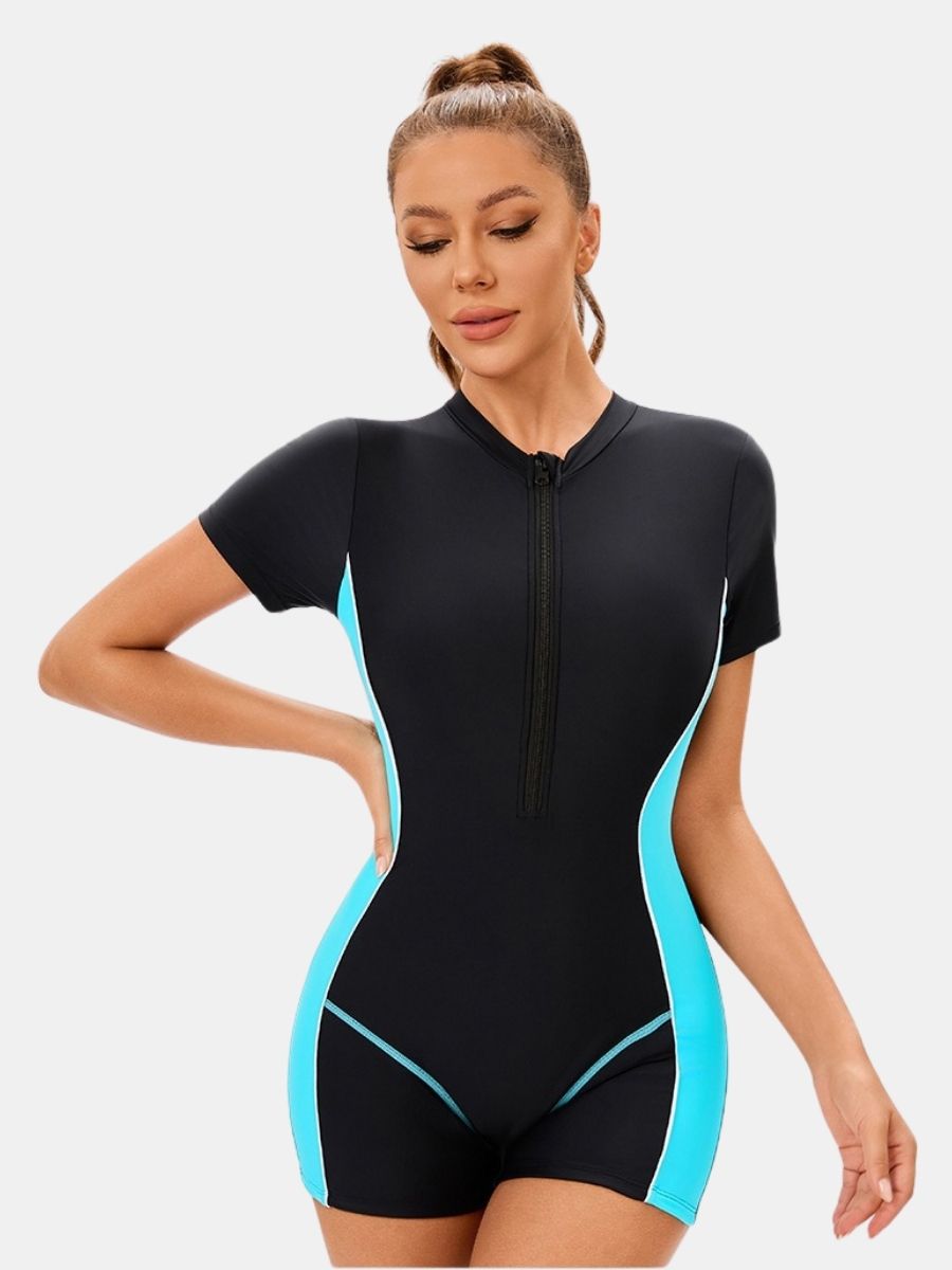 Colorblock Front Zip Boyleg Athletic Women One-piece Sports Swimsuit