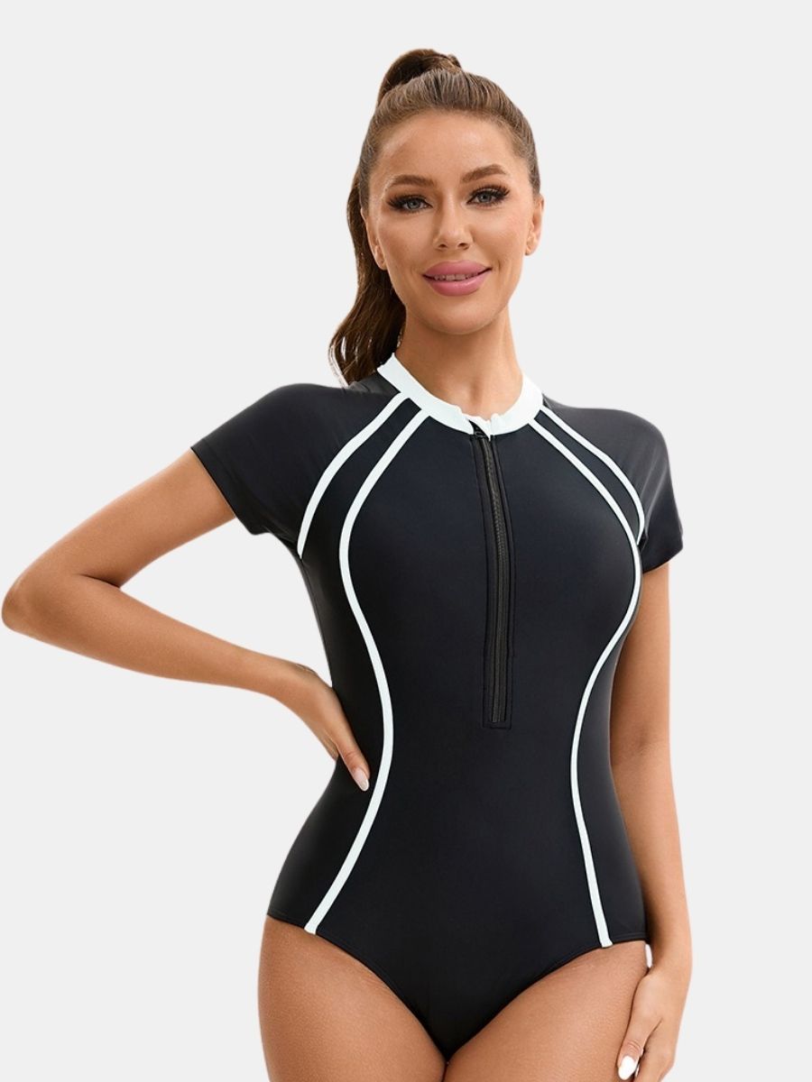 Short Sleeve Front Zip Surfing Athletic Women One-piece Sports Swimsuit