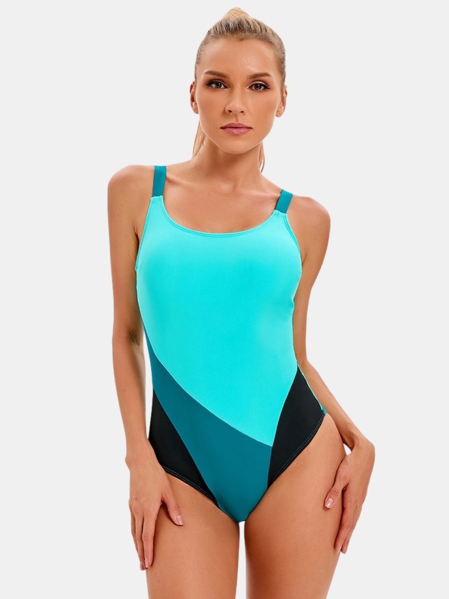 Adjustable Shoulder Strap Colorblock Women Athletic One-piece Sports Swimsuit