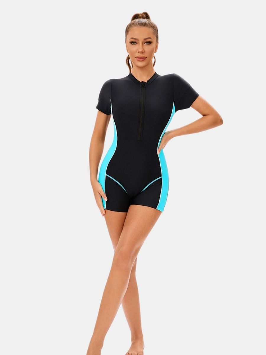Colorblock Front Zip Boyleg Athletic Women One-piece Sports Swimsuit