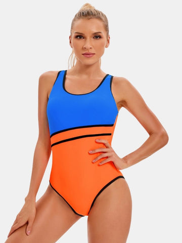 Colorblock Open Back Athletic Women One-piece Sports Swimwear
