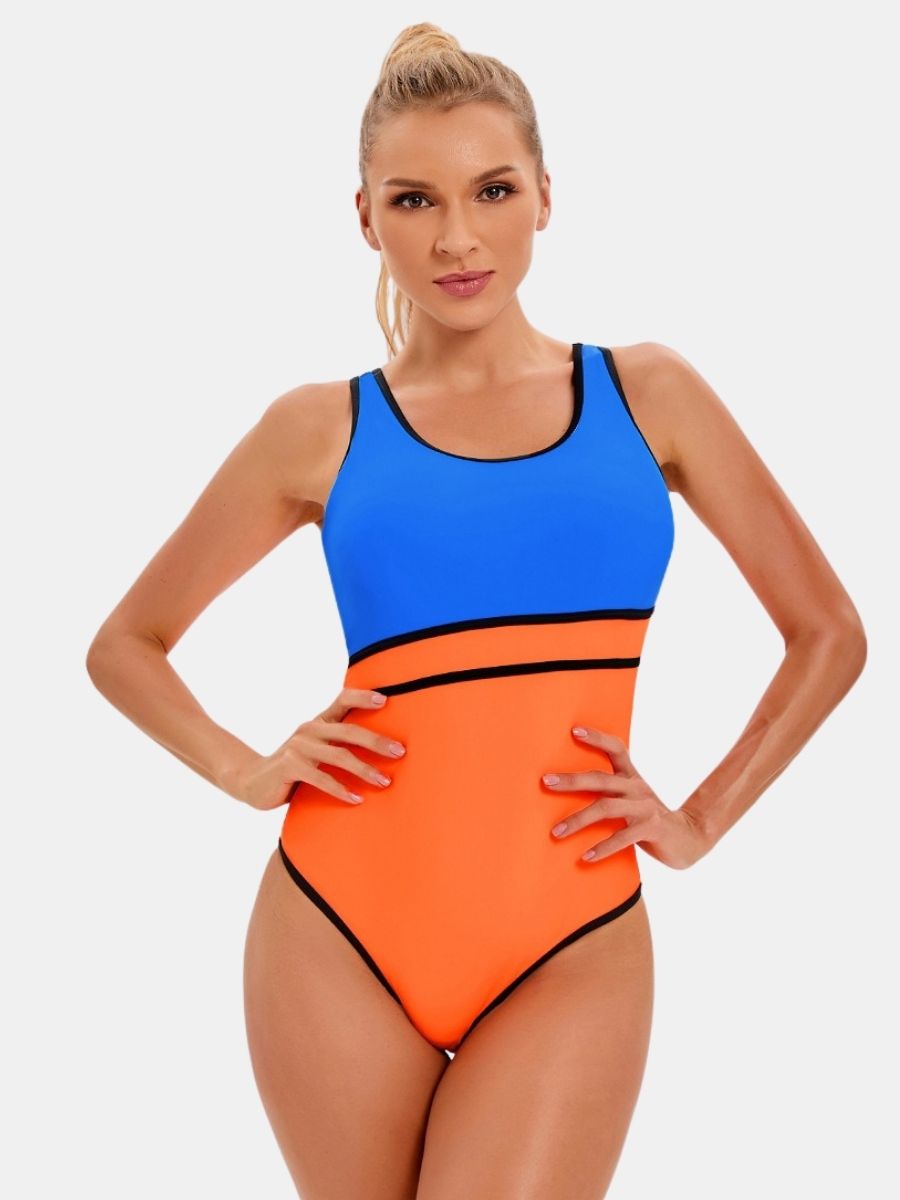 Colorblock Open Back Athletic Women One-piece Sports Swimwear