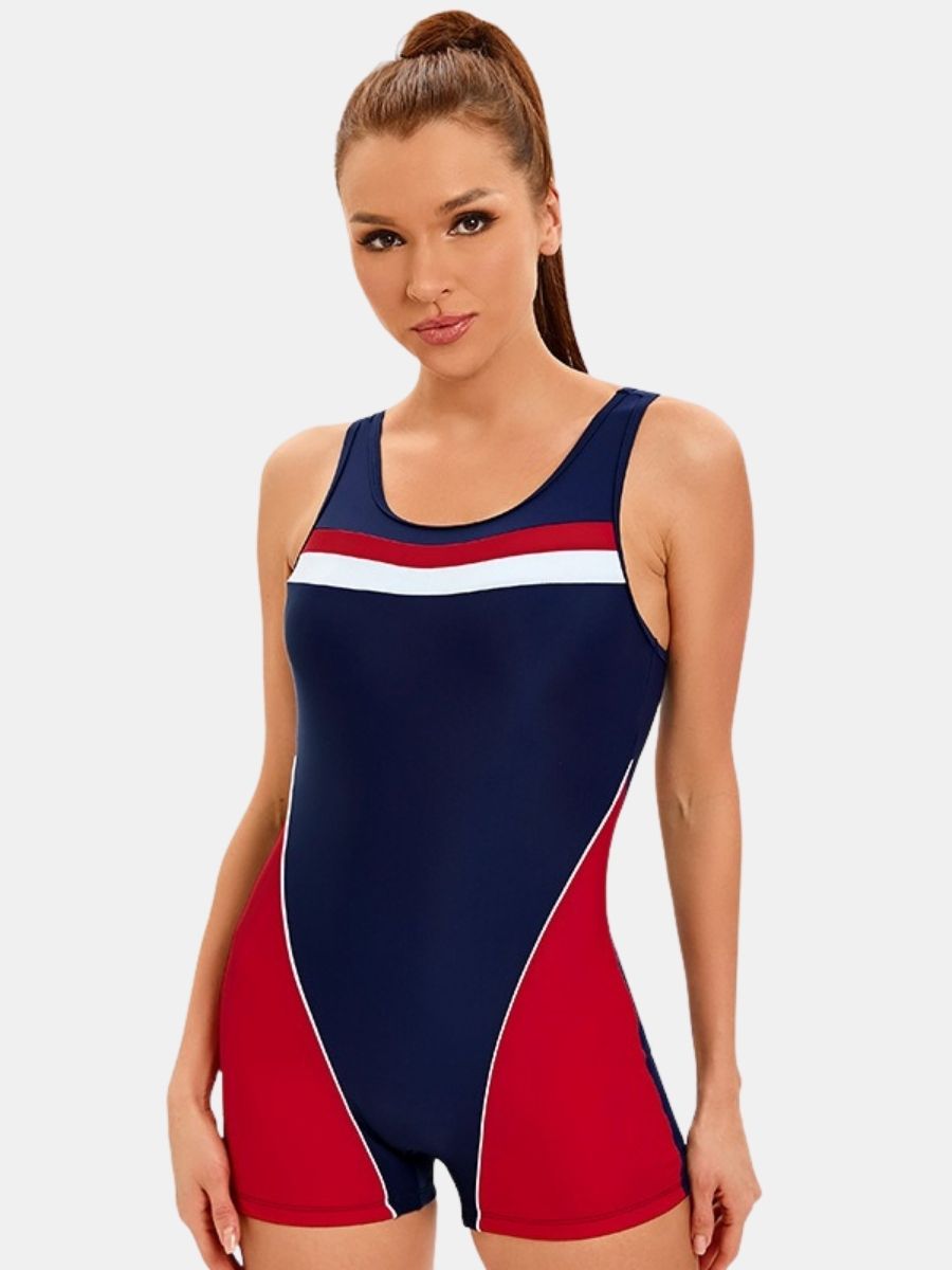 Colorblock Boyleg Women Athletic One-piece Sports Swimsuit