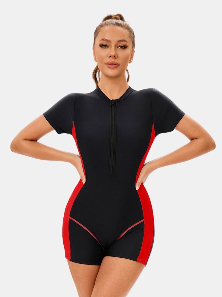 Colorblock Front Zip Boyleg Athletic Women One-piece Sports Swimsuit