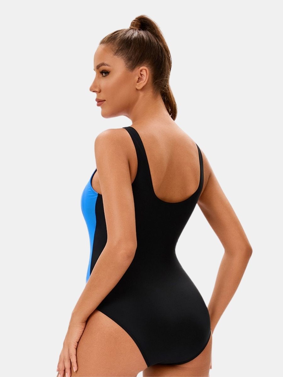 Colorblock Backless Athletic Women One-piece Sports Swimsuit